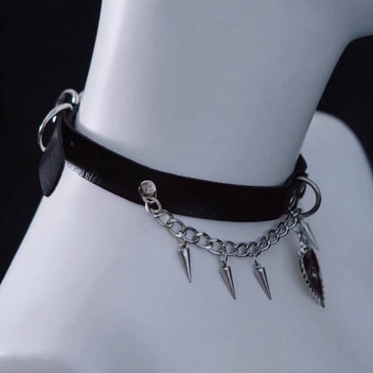 Gothic Heart Pendant Black and Silver PU Choker with Studs and Chains