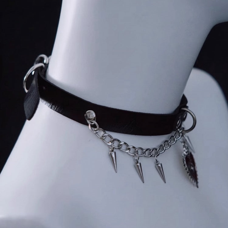 Gothic Heart Pendant Black and Silver PU Choker with Studs and Chains