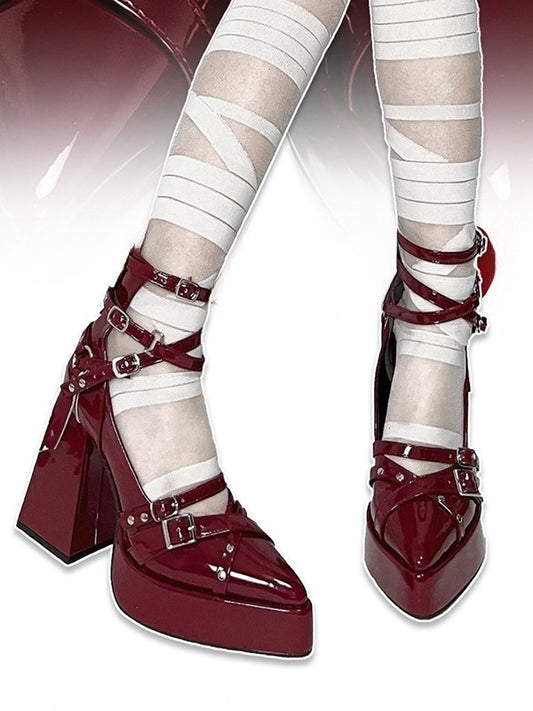Crisscross Ankle Straps Wine Red Pointed Toe Gothic High Heels