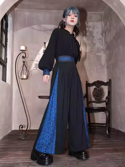 Blue Seahorse and Coral Print Black Drawsting Cuff Cheongsam Style Wide-leg Pants