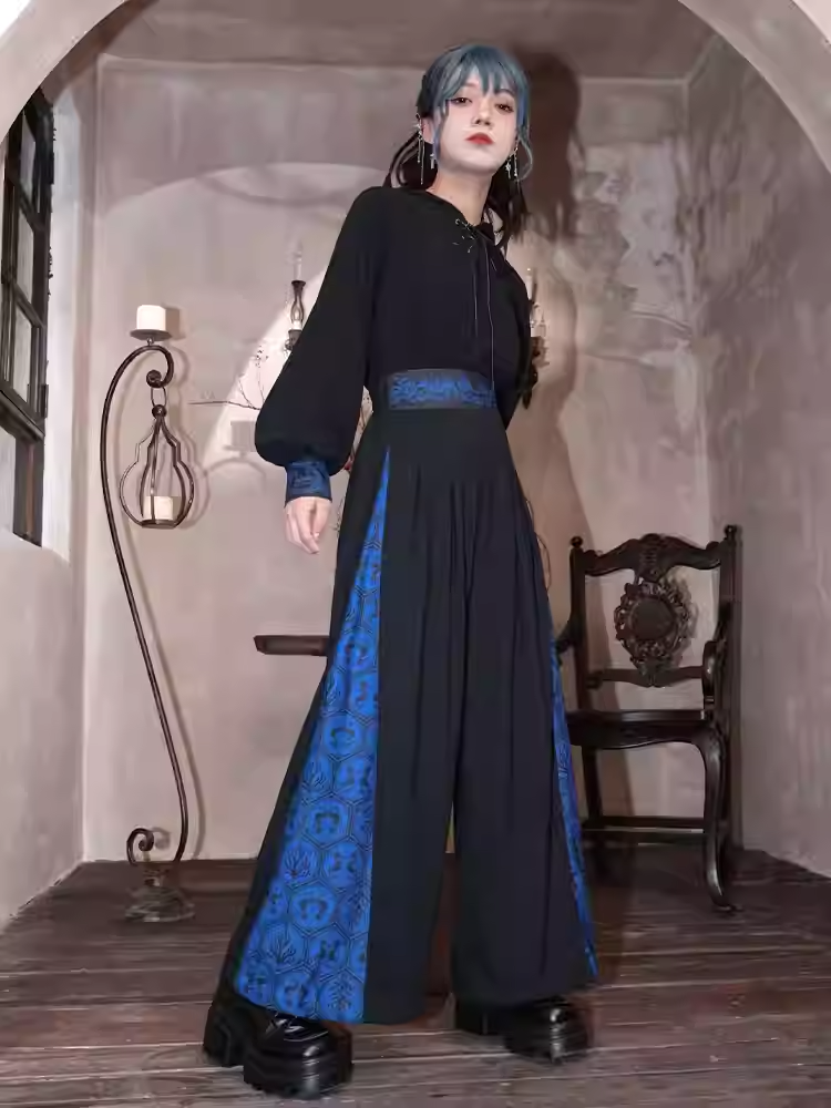 Blue Seahorse and Coral Print Black Drawsting Cuff Cheongsam Style Wide-leg Pants