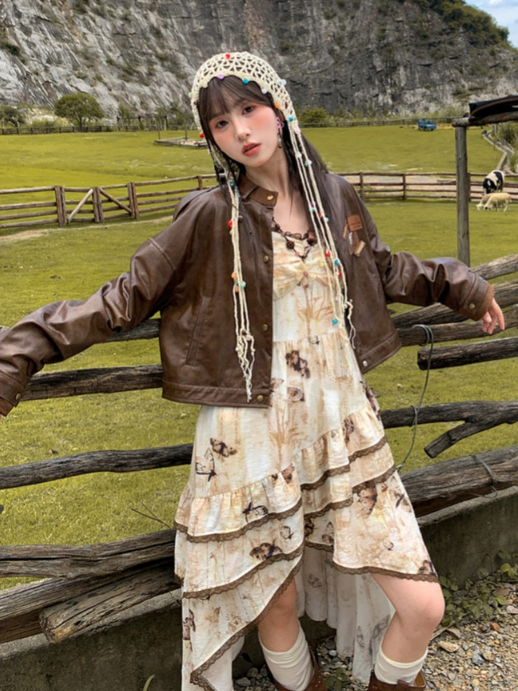 Brown Badge Appliques Vintage PU Jacket for Autumn