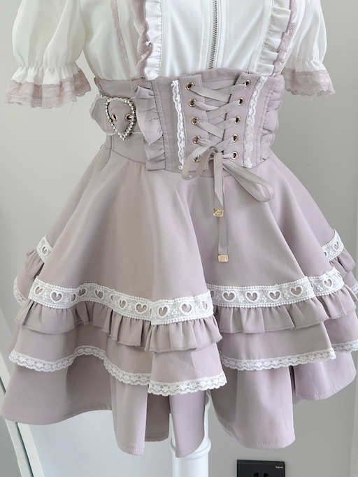 Jirai Kei Heart Buckles Lace-up Front and Back White and Pink Tiered Skirt