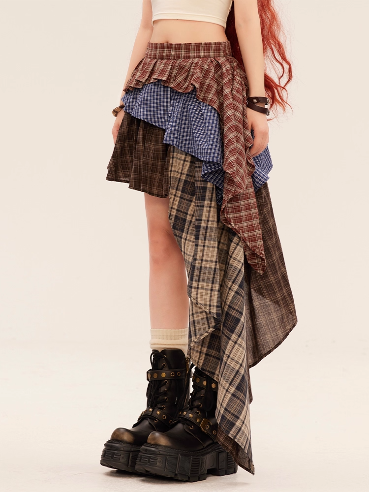 Red Plaid Asymmetrical Hem Vintage Tiered Skirt