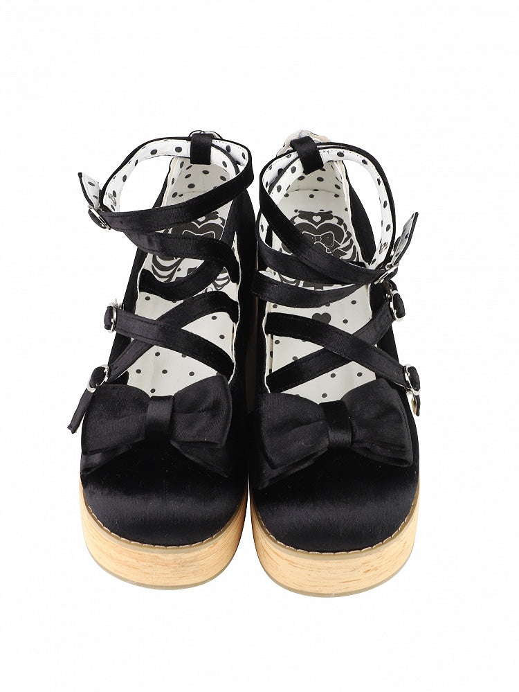 Bow Embellishments & Crisscross Design Velvet Black Platform Shoes in Sweet Lolita