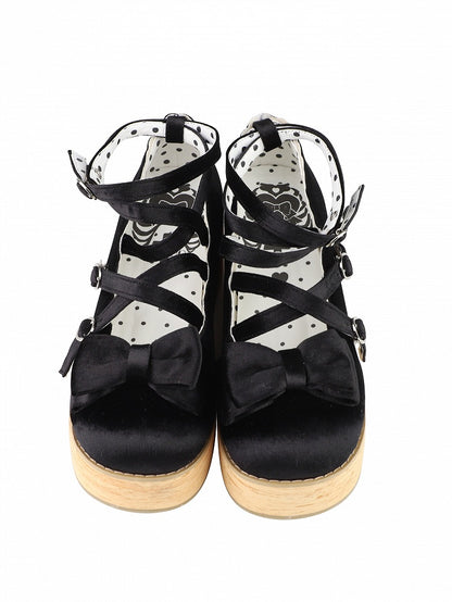Bow Embellishments & Crisscross Design Velvet Black Platform Shoes in Sweet Lolita
