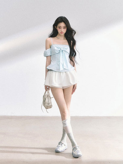 Big Bow Neckline White/Floral/Blue Off-the-shoulder Neckline Top