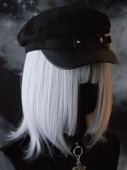 Black Gothic Heart Ring Studs Details Beret Hat