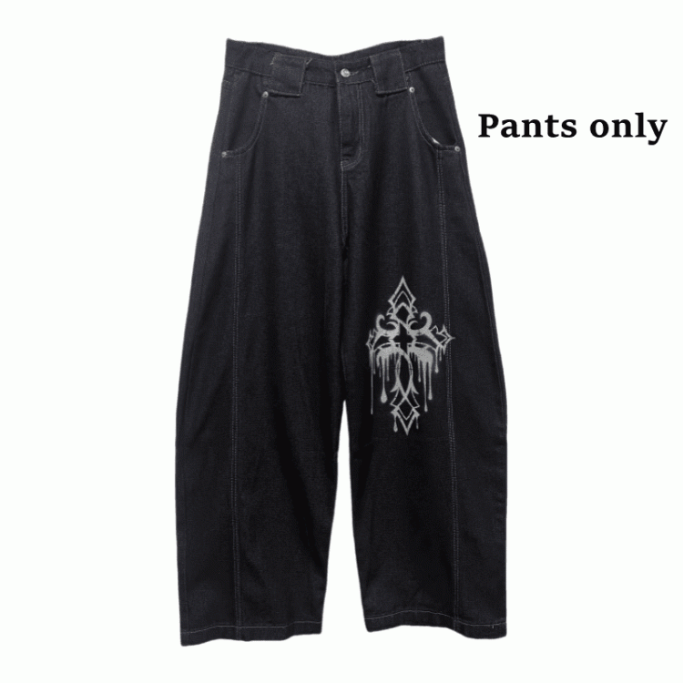 Dark Blue Cross Print Loose Wide-leg Jeans