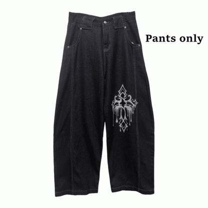 Dark Blue Cross Print Loose Wide-leg Jeans