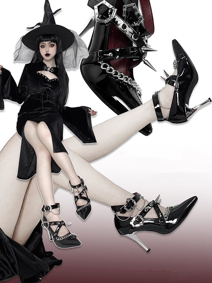 Spike Studs Coffin-shaped Buckles Polished Black Gothic Punk Stiletto Heels with Chains