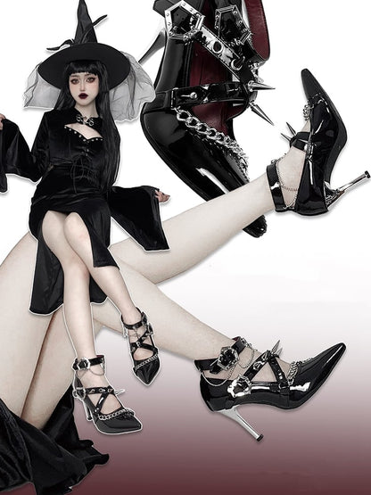 Spike Studs Coffin-shaped Buckles Polished Black Gothic Punk Stiletto Heels with Chains