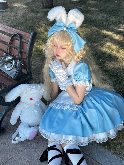 Plus Size Friendly Blue Short Version Maid One Piece + Apron Alice in Wonderland Vibes