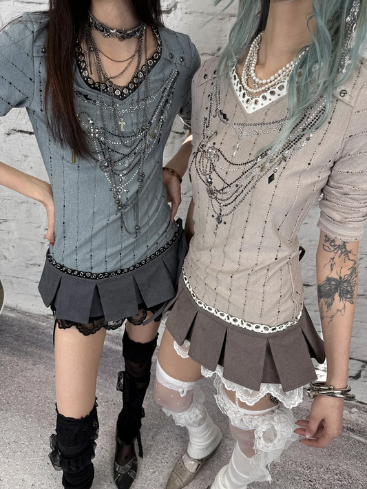 Pink/Blue Wasteland Punk V-neck Rhinestone Necklace Design Striped Pattern Long Sleeves Top