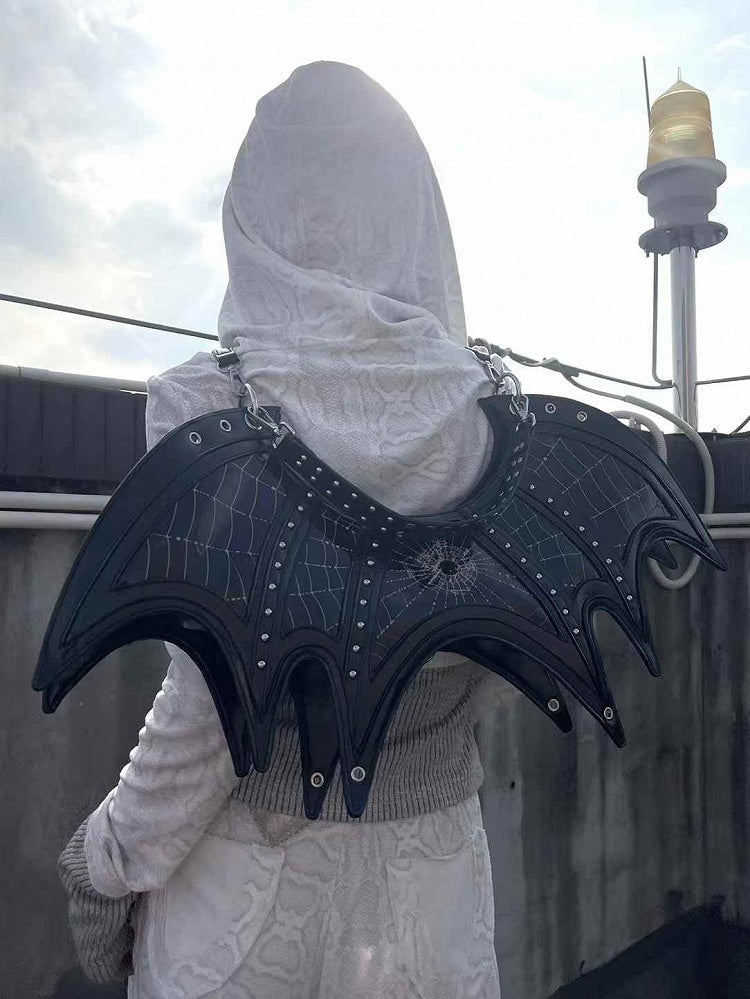 Gothic Spiderweb Print Black Studs Bat Tote Bag with Three Straps