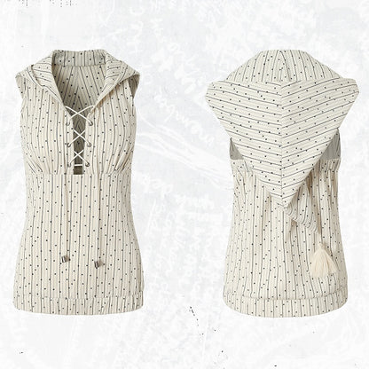 White Striped Pattern Star Print Lace-up Detail Hoodie Sleeveless Top