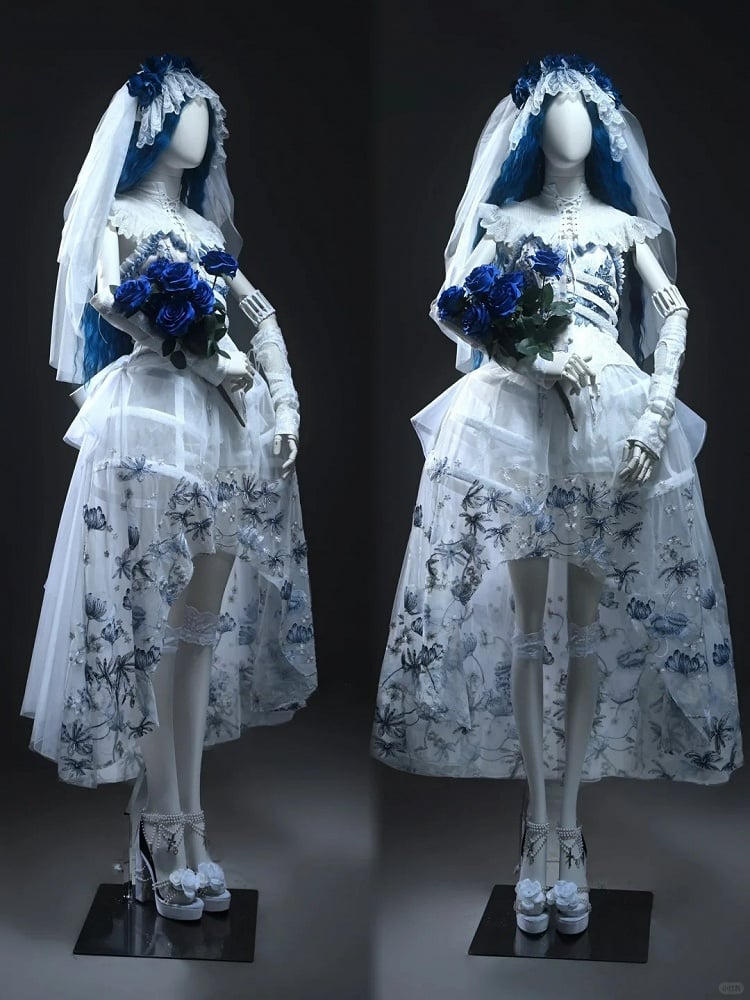 Corpse Bride White High-low Tulle Skirt with Delicate Blue Black Floral Embroidery
