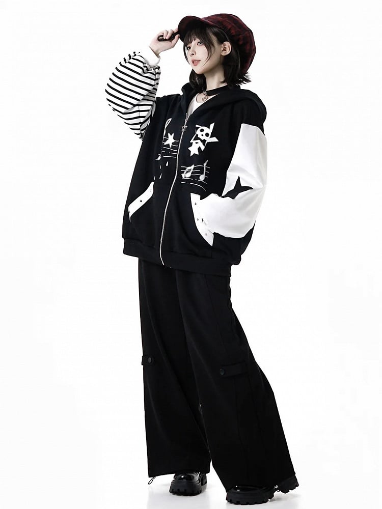 Black Drawstring Straight-Leg Pants with Star Stripe Applique Design