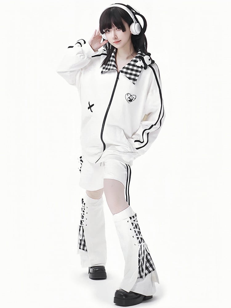 White Plaid Pattern Lace-up Details Leg Warmers