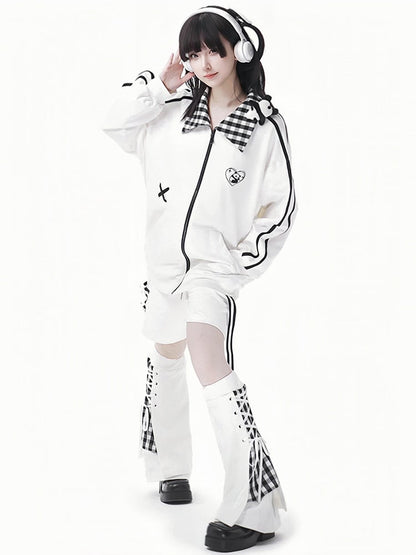 White Plaid Pattern Lace-up Details Leg Warmers