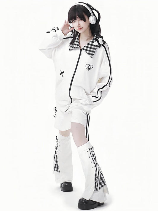 White Plaid Pattern Lace-up Details Leg Warmers