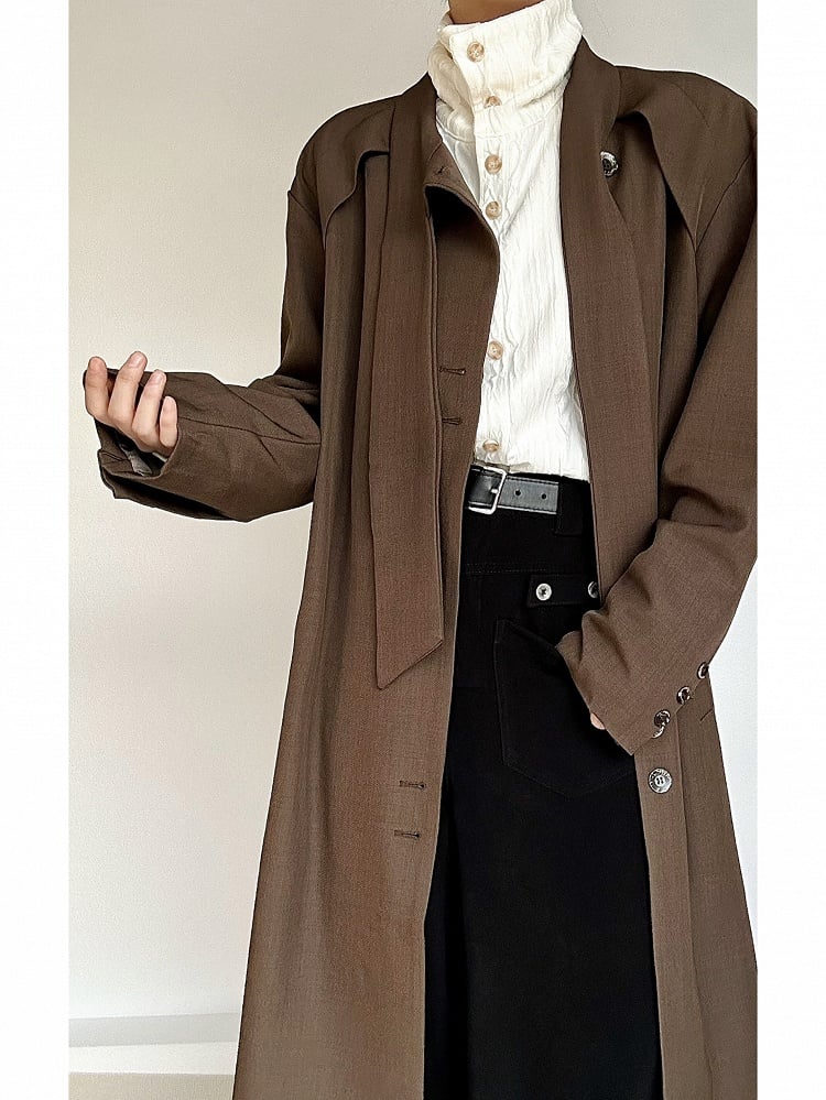 Ouji Lolita Coffee Vintage Long Trench Coat with Tie Neck & Button Cuffs