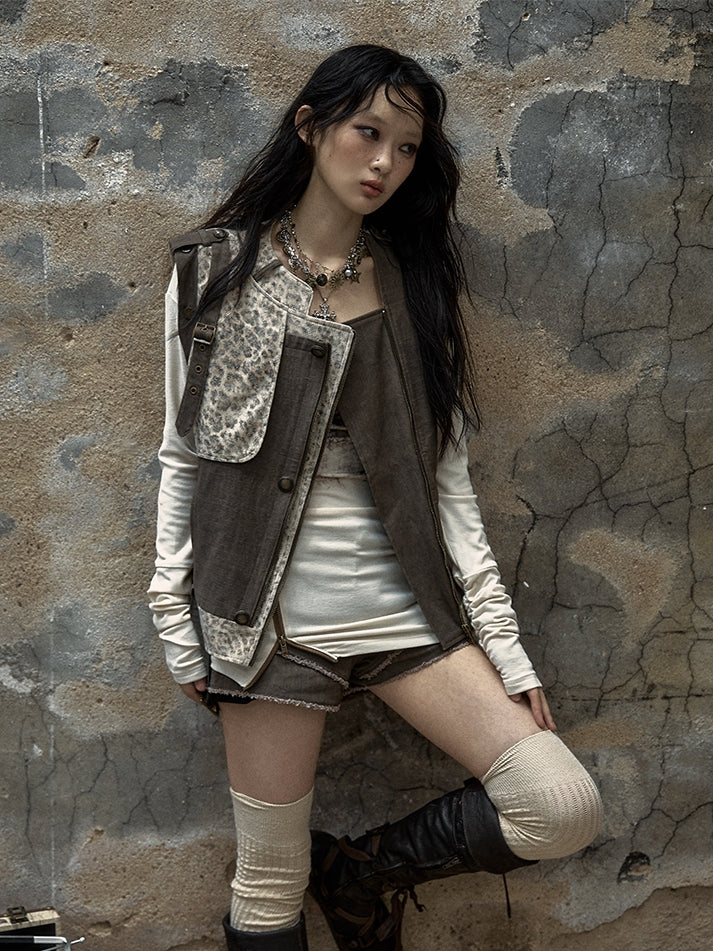 Brown and Gray Punk Streetwear Leopard Jacket with Detachable Sleeves