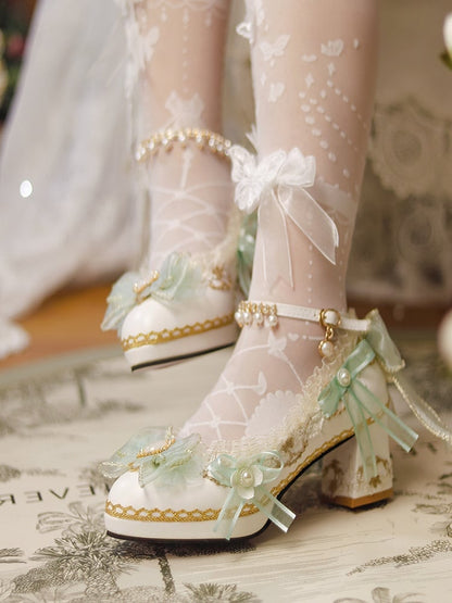 White & Light Green Floral and Bow Accent 5-6CM Hime Lolita Block Heels
