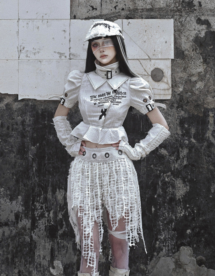 Grey Goth Letters Print Punk Shirt with Detachable Buckle Collar