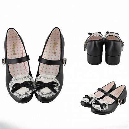 Blue Bow at Top Lace Trim Beaded Heart Buckles Lolita Shoes