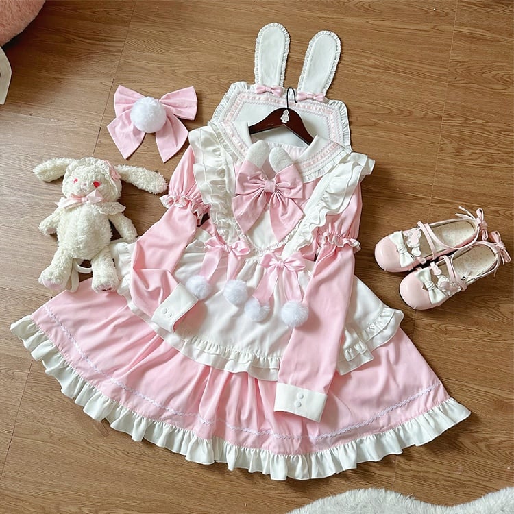 Bunny Ears Sailor Collar Pink Short Sleeves Maid Lolita Dress with White Apron