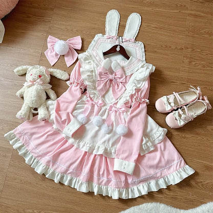 Bunny Ears Sailor Collar Pink Short Sleeves Maid Lolita Dress with White Apron