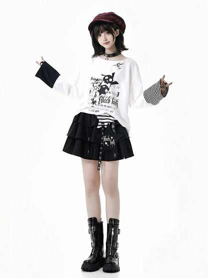 Rock Print White Long Sleeve Top with Distressed Holes and Zipper Cuffs