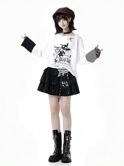 Black Tiered Drawstring Skirt with Strap and Star Applique Accents