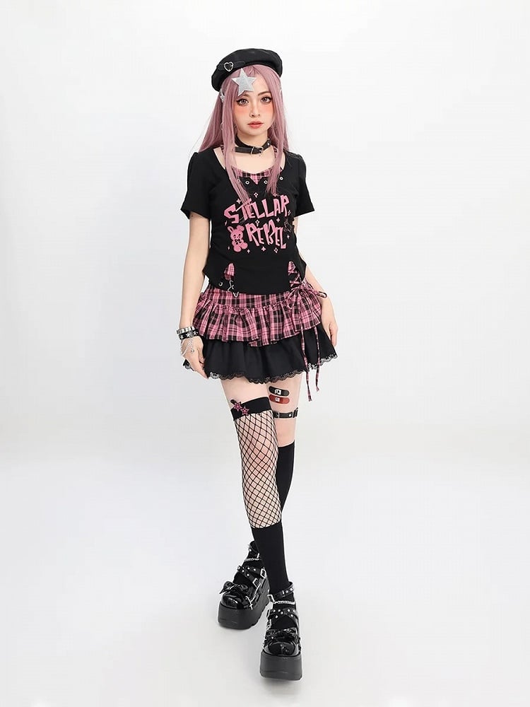 Y2K Black & Pink/Black & White Bunny Print T-Shirt Faux Two-Pieces