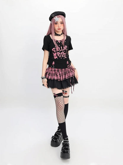 Y2K Black & Pink/Black & White Bunny Print T-Shirt Faux Two-Pieces