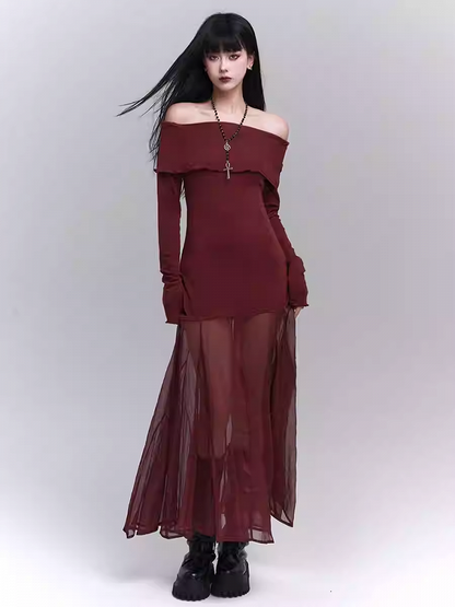 Wine Red Semi-sheer Off-the-shoulder Neckline Glamorous Dress