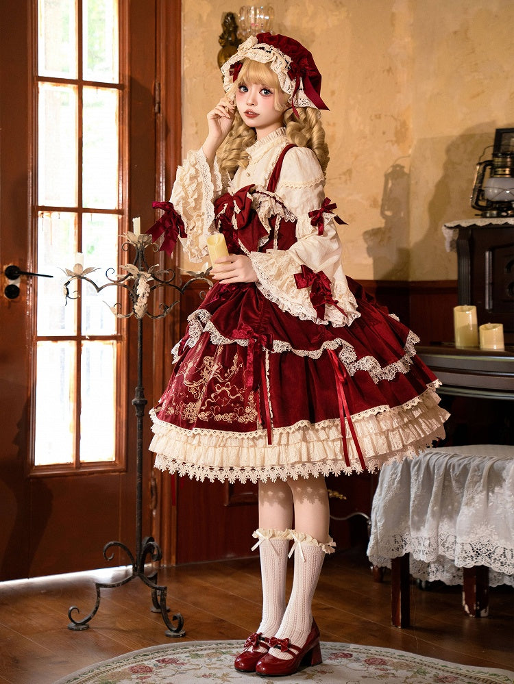 Bows Decoration Candle Embroidery Red Velvet Dress Lolita JSK / Set