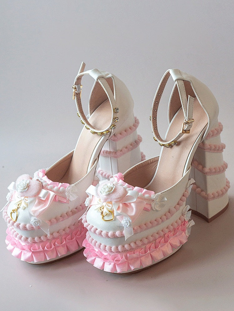 White & Pink Sweetheart and Bowknot Sweet Lolita PU High Block Heel Platforms