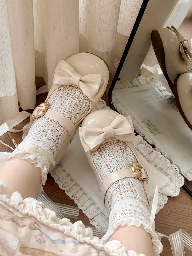 Beige Bow at Top Sweet Lolita Flats with Hugging Bear Heart Buckles
