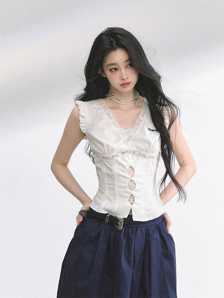 White V-neck Cutout Details Lace Patches Flutter Sleeves Top
