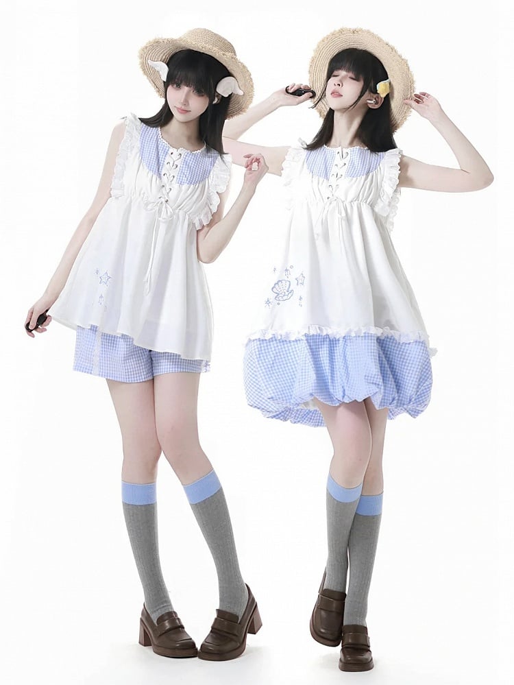 Seashell and Starfish Embroidery White and Blue Plaid Lace-up Front Flutter Sleeves Top