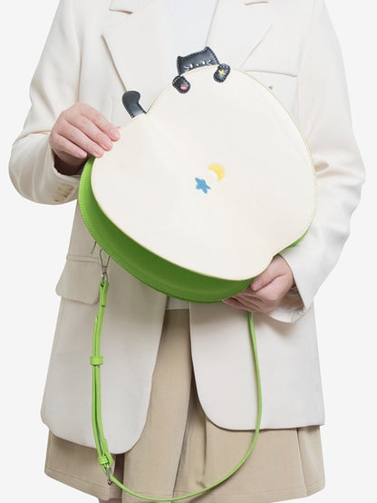 Creative 2-Way Green Apple Flip Backpack With Kawaii Cat Embroidery And Moon & Star Core