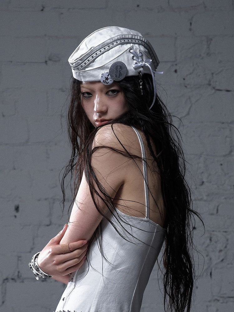 Black/White Navycore Lace-up Detail Cross Charm Punk Studded Sailor Hat