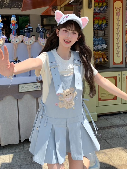 Plush Bear Applique Blue Box Pleat Overall Dress Adjustable Shoulder Straps