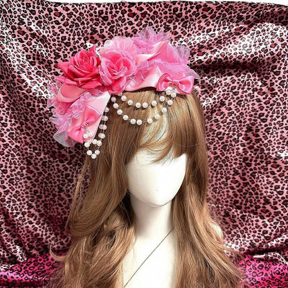 Pink / Rose Red Y2K Showa Hime Gyaru Fashion Rose Hair Clip with Beaded Chain