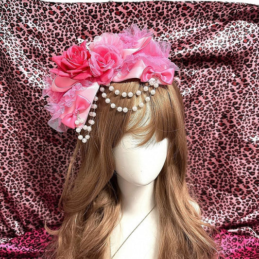 Pink / Rose Red Y2K Showa Hime Gyaru Fashion Rose Hair Clip with Beaded Chain