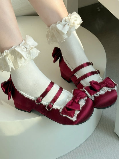 Low-heel Red Mary Janes in Sweet Lolita - Delicate Ruffle Lace, Bow Accents & Twin Clasps