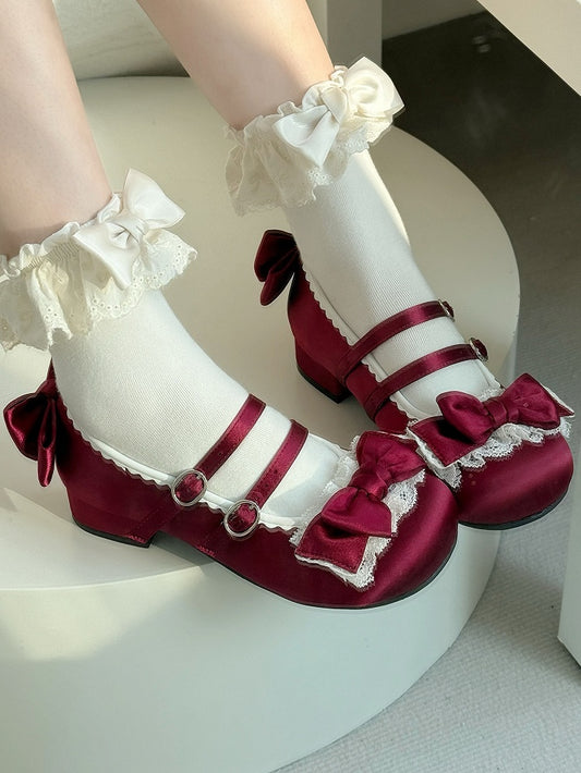 Low-heel Red Mary Janes in Sweet Lolita - Delicate Ruffle Lace, Bow Accents & Twin Clasps
