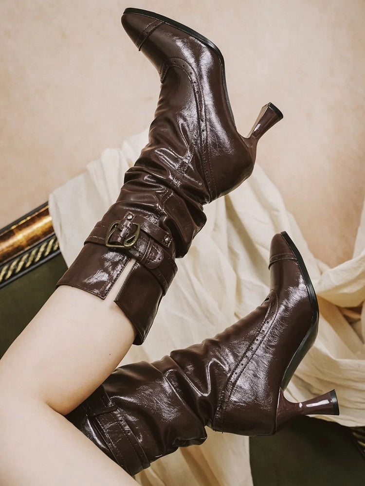 PU Dark Brown Elegant Lolita Stacked Boots - Slip-In Pointed Toe with Foldable Cuff & Buckle Accents